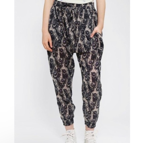 Staring at Stars Majestic Boho Peacock Feather Print Smocked Harem Jogger Pants - Picture 1 of 7